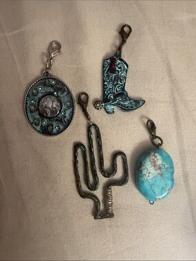 Hand Crafted Turquoise Patina Western Charm Set - Boot, Cactus, Coin & Stone